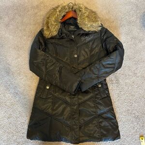Black Quilted Puffer Coat Faux Fur Hooded Parka Winter Jacket Women XL